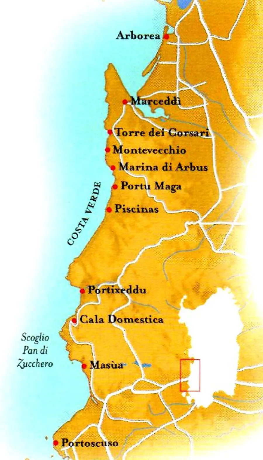 Sardegna-Costa Verde: viaggio da Portoscuso ad Arborea. Spiagge, hotel, ristoranti, terme, musei